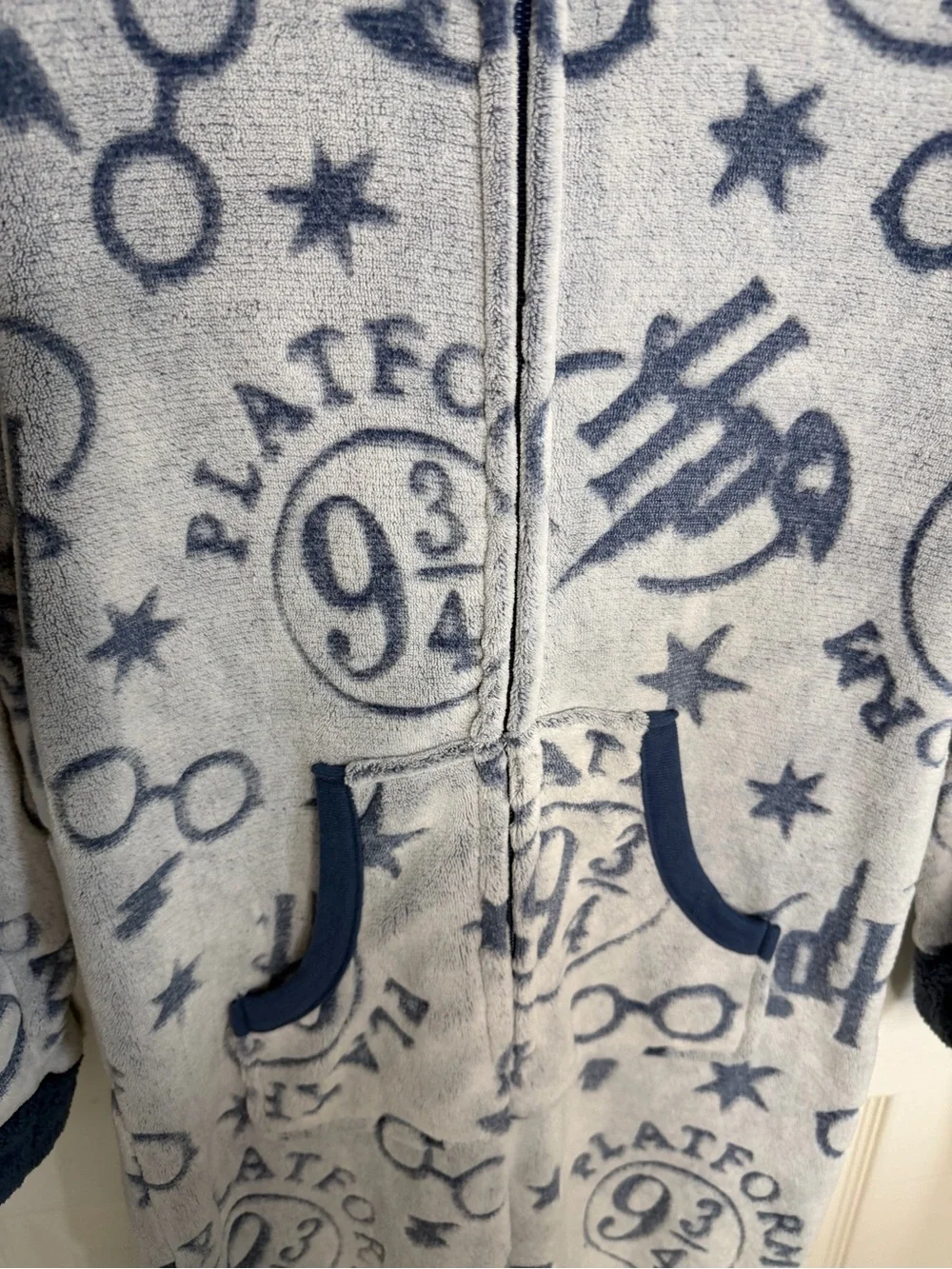 Blue Hooded Kids Fleece One-Piece Pajama with Pom-Tie Hood